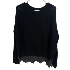 Anthropologie Pins & Needles Black Lace Trim Crewneck Sweater